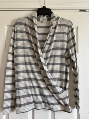 LOFT Outlet Gray and White Striped Wrap-Style Cardigan